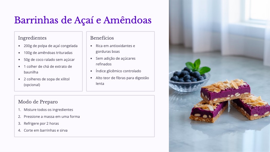 Página de receita: barrinhas de açaí e amêndoas