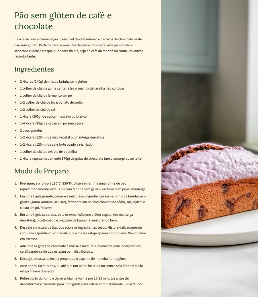 Página de receita: pão sem glúten de café e chocolate