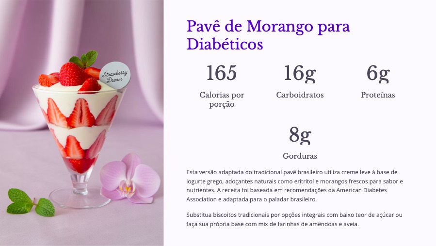 Página de receita: pavê de morango com calorias, carboidratos, proteínas e gorduras